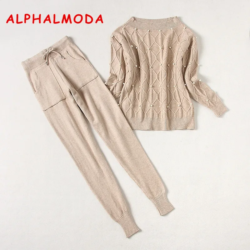 ALPHALMODA 2018 зимний женский новый свитер с бисером + брюки 2 шт. повседневные костюмы