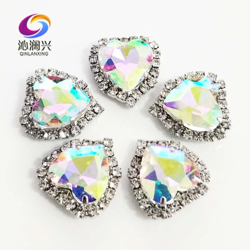 

Factory sales AB color heart shape high-quality Crystal glass buckle,silver base sew on rhinestones Diy/jewelry accessories