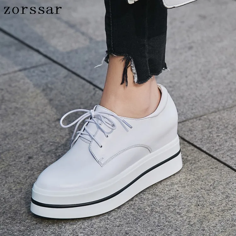 

2019 Women Flat Platform Sneakers Shoes Ladies Genuine Leather Thick bottom Casual Shoes Lace up Flats Moccasins creepers