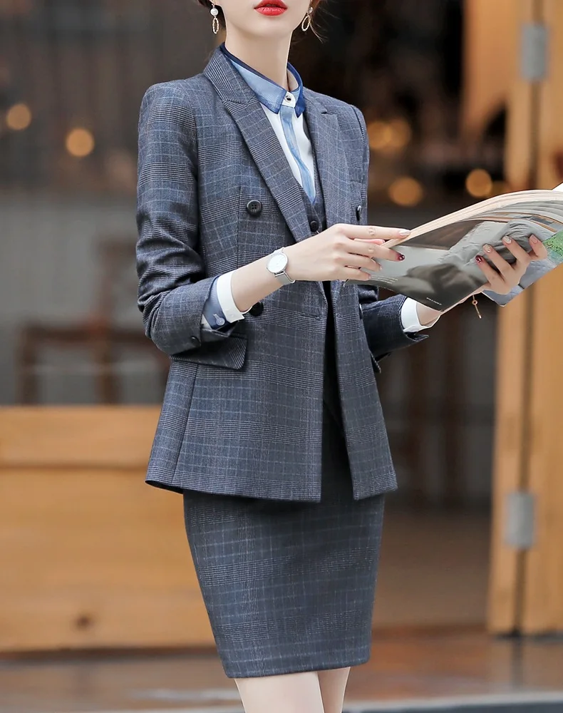 Новинка 2019, корейский стиль, Женский костюм с юбкой в клетку, Офисная Рабочая одежда, костюм с длинными рукавами из двух предметов, Женский