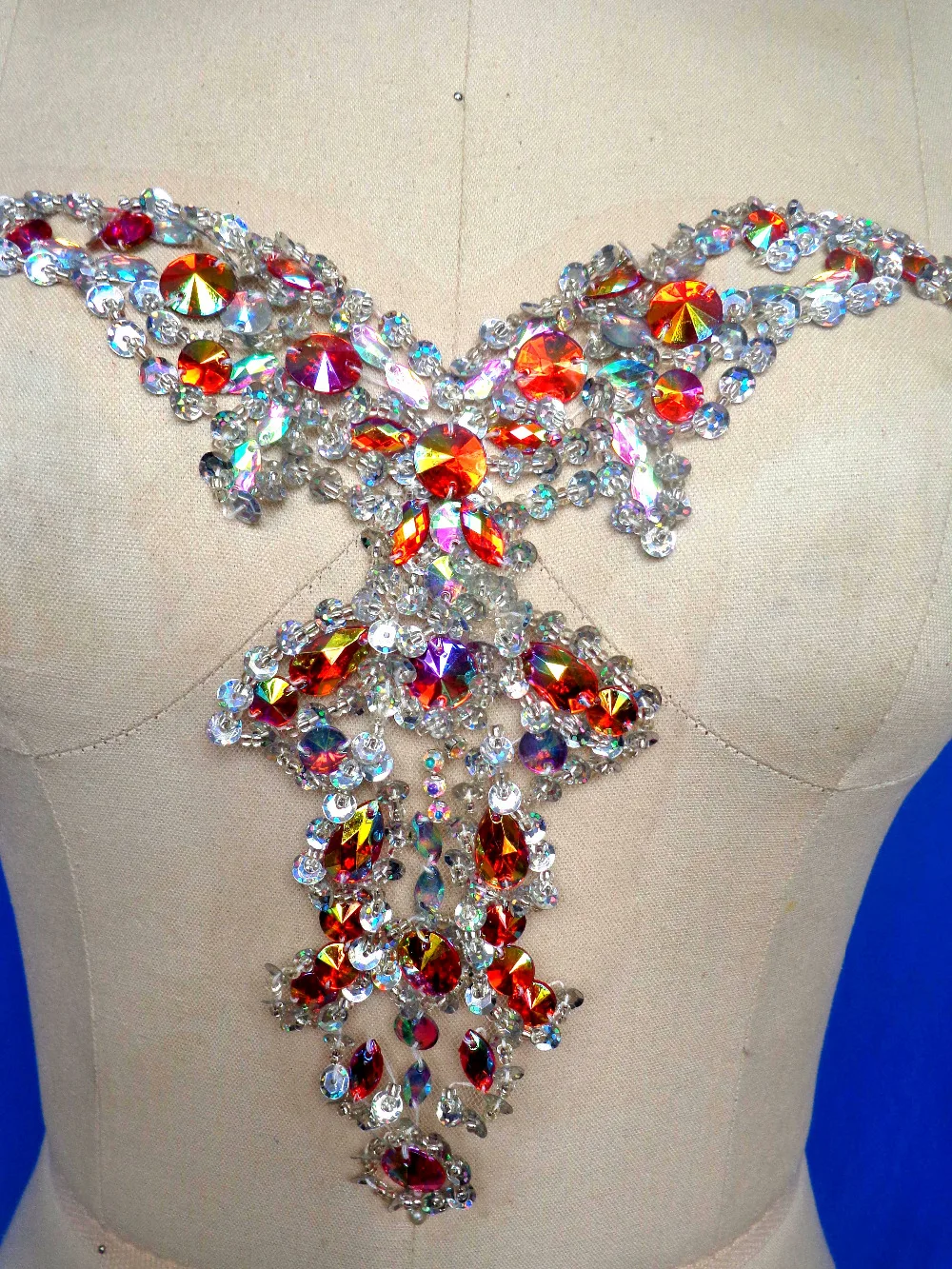 Hand made crystal patches red/clear AB colour sew on Sequins Rhinestones applique trim 33*23cm