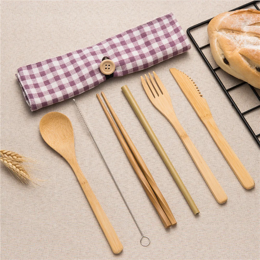 

Wooden Cutlery Set Portable Cutlery Wooden Chopsticks Fork Knife Spoon Straw Set with Brush Cloth Bag for Travel Camping Cutlery