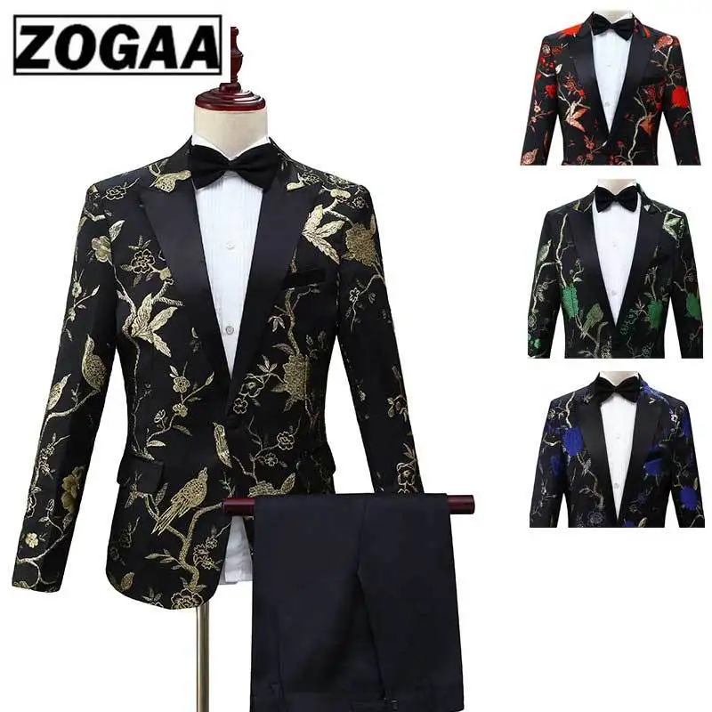 

ZOGAA New Design Mens Stylish Embroidery Royal Blue Green Red Floral Pattern Suits Stage Singer Wedding Groom Tuxedo Costume