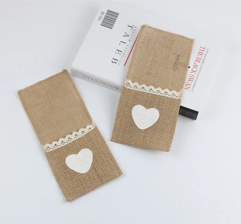 100pcs Jute Hessian Tableware Pouch Pocket Love Cutlery Knife Fork Holder for Rustic Wedding Party Decoration Supplies