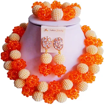 

African Vintage Orange Beige Nigerian Women Wedding Beads Crystal Jewelry Sets 2C-ZZSJ-57