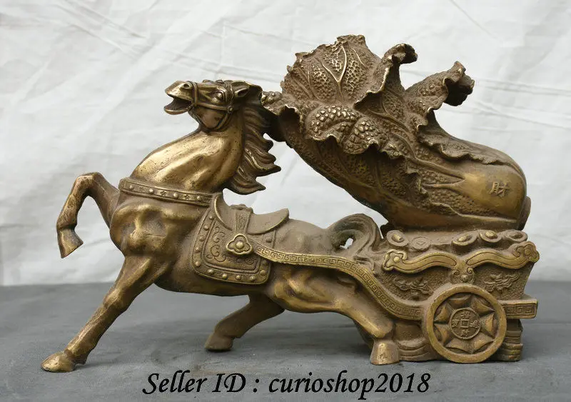 

12"Old Chinese Brass Copper Feng Shui Animal Running Horse Cabbage Wealth Statue