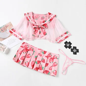 

Cute Sailor Dress Lolita Strawberry Printed Cosplay Costume School Girl Uniform Outfit Sexy Kawaii Lingerie School Girl Costume