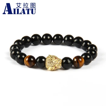 

Ailatu Jewelry 10 Pieces Wholesale 10mm Natural Faceted Black Onyx Stone with Micro Pave CZleopard Bracelets for Men's Gift