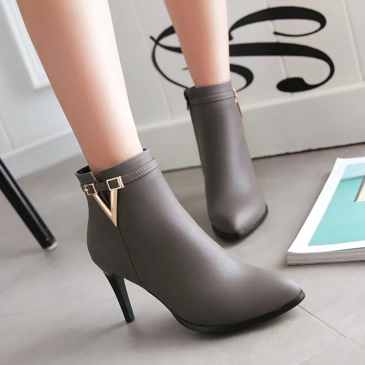 

18 New Euramerican Fashion Winterwomen Boots Basic Ankel Super High Thin Heels Pointed Toe Fashion Office Metal Decoration Zip