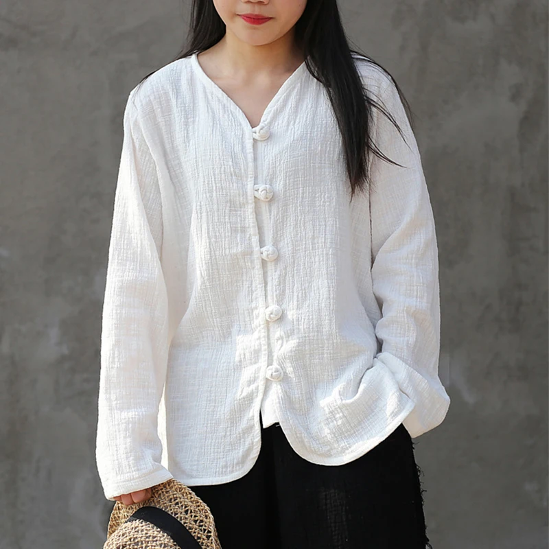 

Women Cotton Linen Vintage Tunic Blouse Female Ladies Summer White Loose Buckle Solid Color Long Sleeve Tops Shirts Cloting