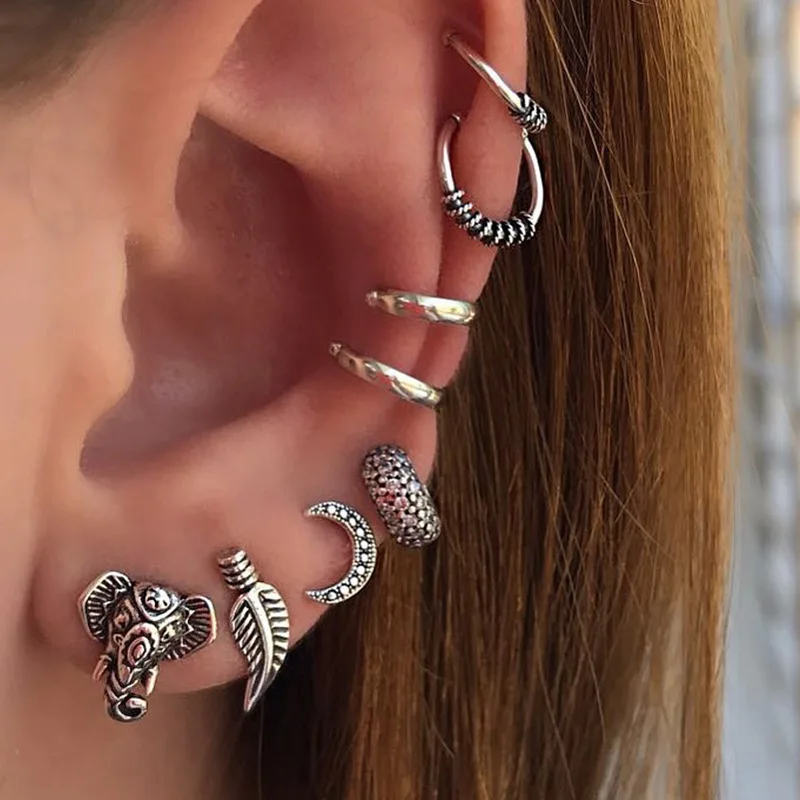 

8pcs/set Fashion Stud Earring Set Mix for Women Gold silver Color Geometric Elephant leaves moon small Round Circle Brincos