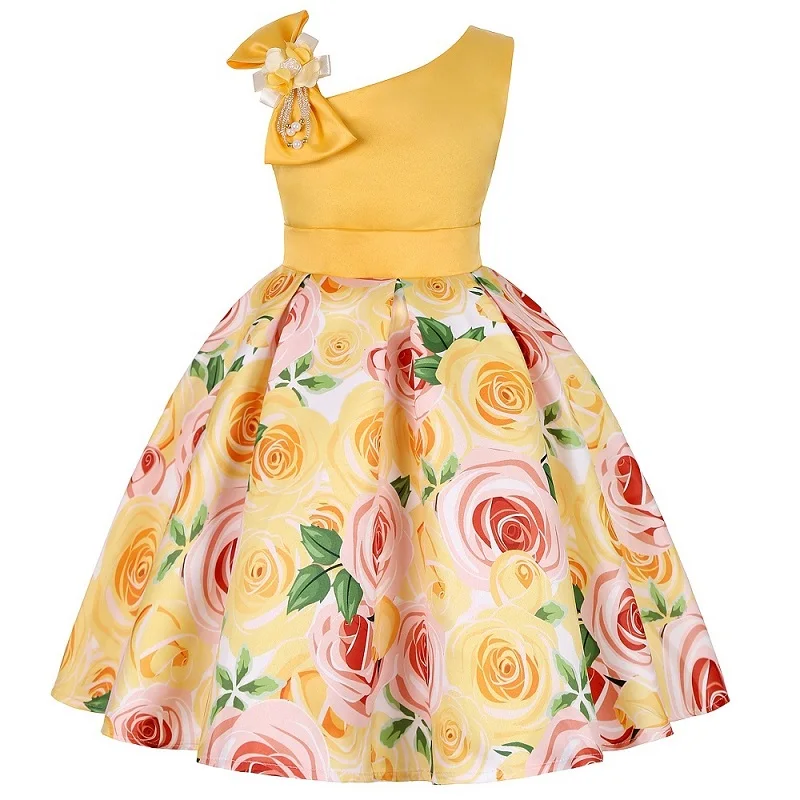Элегантное свадебное платье для девочек; детская одежда с принтом; платья для девочек с цветочным принтом; детская одежда; вечернее платье принцессы - Цвет: yellow
