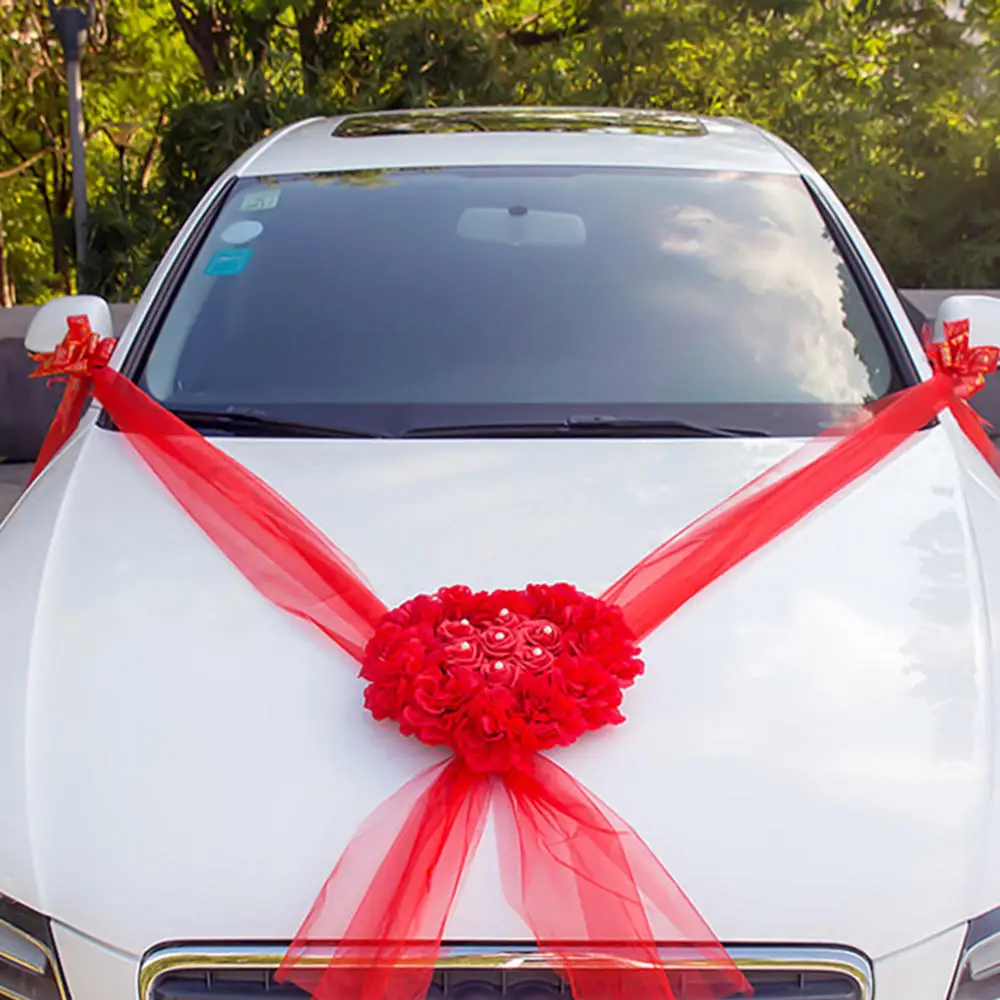 Набор свадебных автомобильных украшений, искусственные цветы из шелка, Цветочная лента, бант, декоративный венок, сделай сам, свадебные принадлежности - Color: red