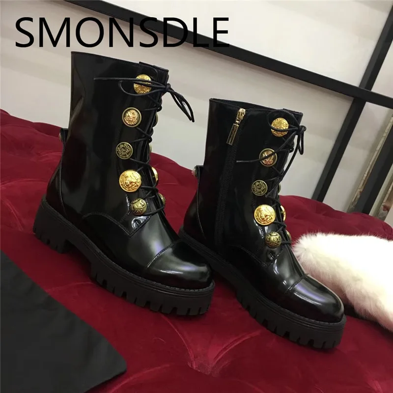 

SMONSDLE New Genuine Leather Metal Decration Women Motorcycle Boots Round Toe 4CM Low Heel Lace Up Mid Calf Boots Shoes Woman
