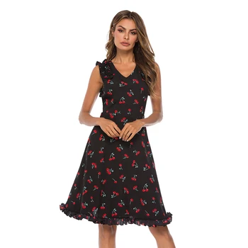 

Women Summer V-Neck Elegant Sleeveless Backless Robe Dress Cherry Printed Lady Ruffles Dresses Female Sexy Beach Party Sundress