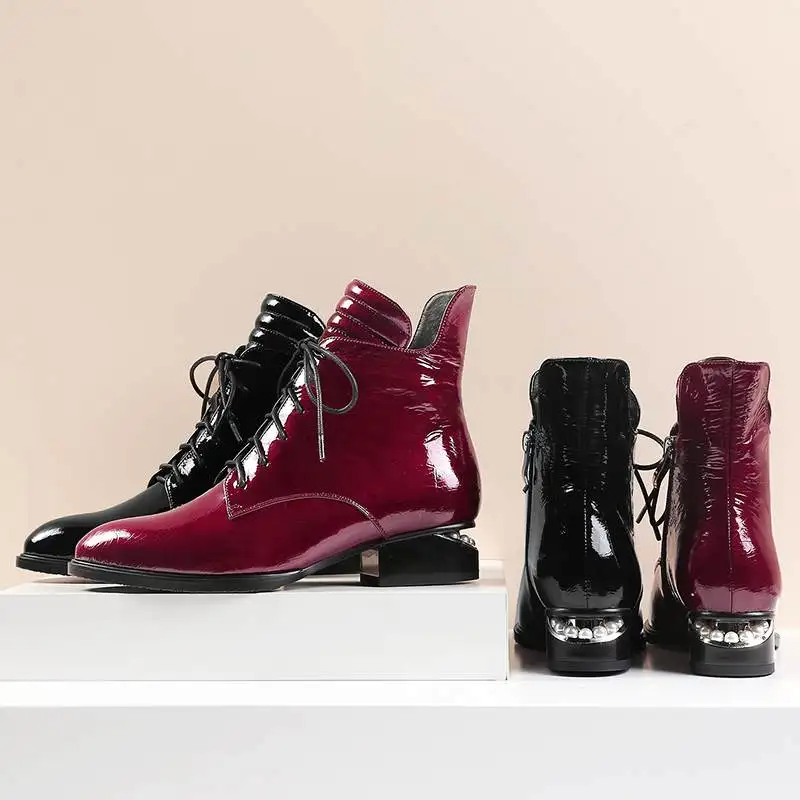 Суперзвезды; Теплые ботильоны на молнии с острым носком и жемчугом; элегантные мотоботы; брендовая пикантная зимняя обувь на каблуке с жемчугом; L2f1
