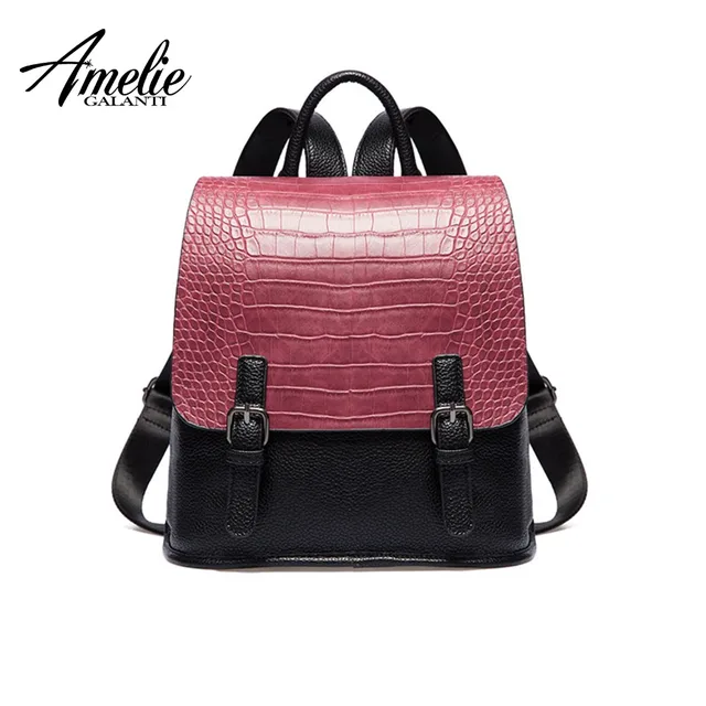 AMELIE GALANTI Women's Fashion Casual Backpack with Flap Crocodile PU Leather Simply Design Large School Bag with Zipper