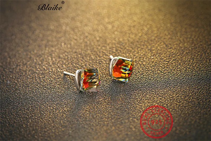 Blaike Mystic Rainbow Fire Topaz Crystal Square Stud Earrings For Women Real 925 Sterling Silver Gradient Earrings Fine Jewelry