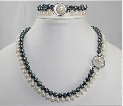 

very good Mabe Clasp 2Rows 8-9mm Akoya White Black Mother Pearl Necklace Bracelet set Wholesale Silver bridal Woman's Jewellery