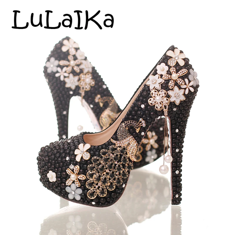 

2018 Sexy Black Pearl Beads Womens Wedding Shoes High Heels Woman Party Dress Shoes Fashion Peacock Female Shoes High Pumps 14cm