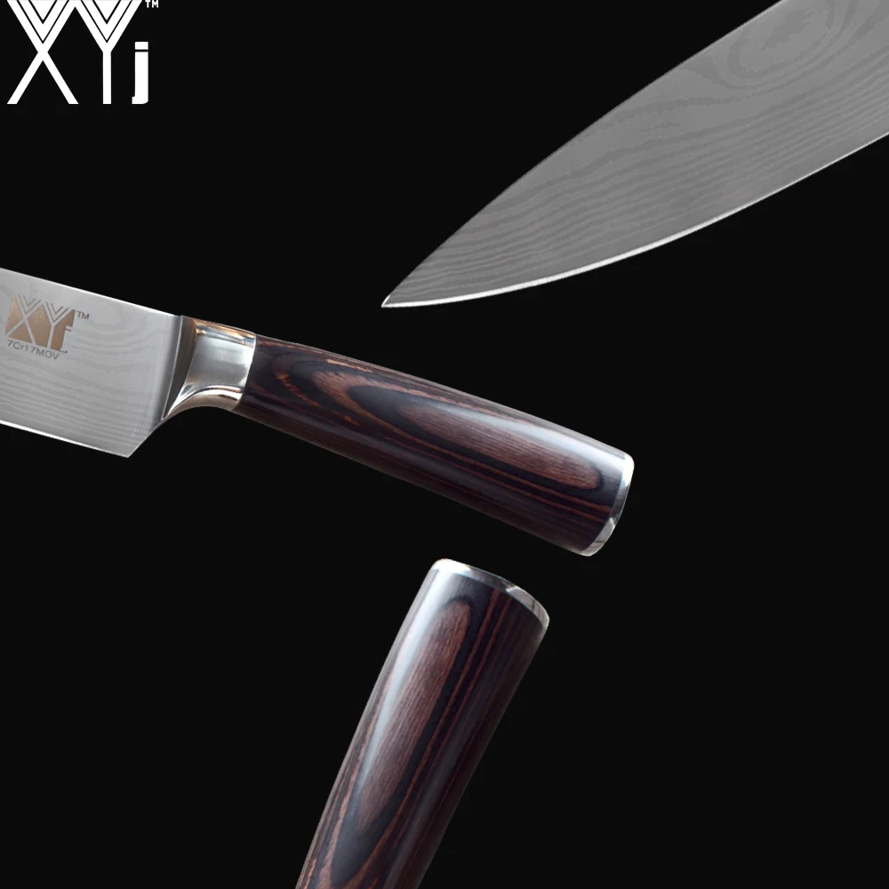 XYj Professional Japanese Stainless Steel Kitchen Knife 8' inch Chef Knife Sanding Laser Damascus Pattern Knives Cooking Tools