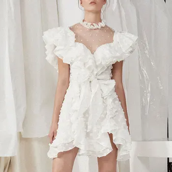 

New Women's Dress Mini Irregular Bow Sashes Sexy Perspective Lace Stand Collar 2019 Ladies Ruffle Dresses High Waist Party Dress