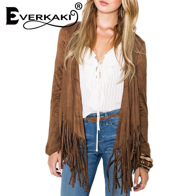 Everkaki Boho замшевое пальто с кисточками из искусственного меха, Женский богемный Кардиган с длинным рукавом, куртка, пальто, верхняя одежда для женщин, Осень-зима