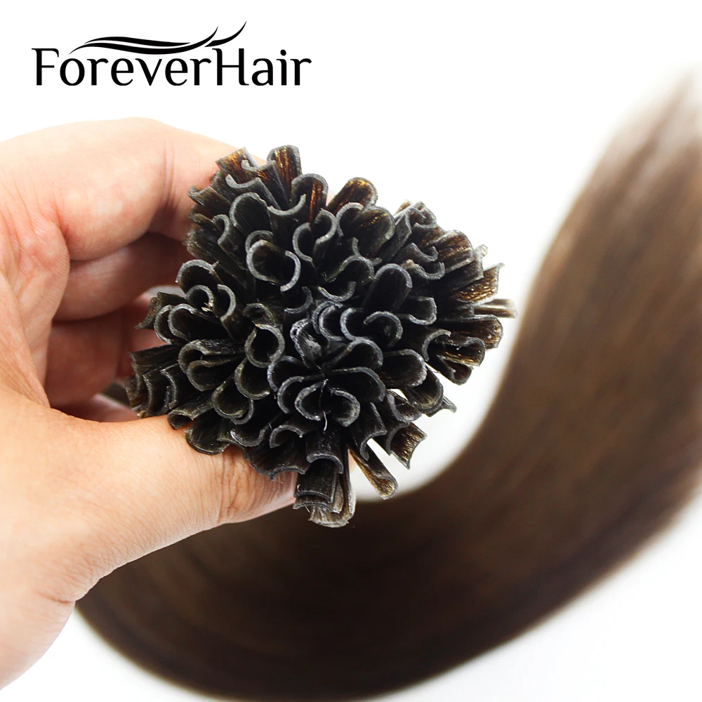 FOREVER HAIR 0,8 г/локон 1" Remy Nail U Tip Prebond Кератин клей человеческие волосы для наращивания темно-коричневый#2 50 прядей прямой Fusion