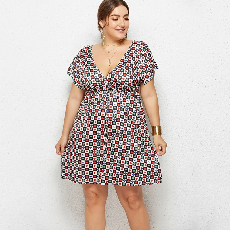 

Laughido Plus Size Printed Mini Dress V Neck Backless Beach Sundress Tunic Lace Up Boho Vestidos Vacation Summer Women's Dresses