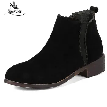 

Sgesvier 2018 Autumn Womens Chunky Heels Slip On Chelsea Boots Female Nubuck Flock Casual Ankle Boots Shoes Plus Size 33-43 B755