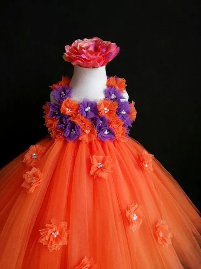 Платье-пачка с цветами для девочек оранжевый и фиолетовый цвет оранжевое платье для девочек детское платье-пачка для вечеринки или дня рождения прекрасный выбор для праздничных фотографий PT129