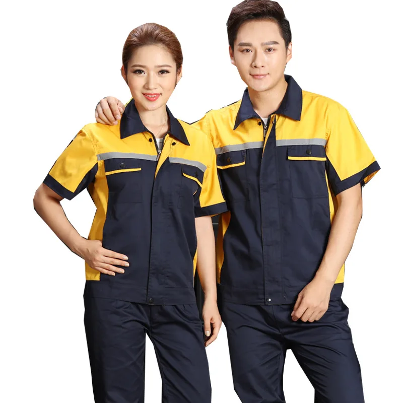 

Reflective Uniform Men's Work Clothing Women Short Sleeve Coveralls Quick Dry Overalls for Worker Repairman Machine Auto Repair