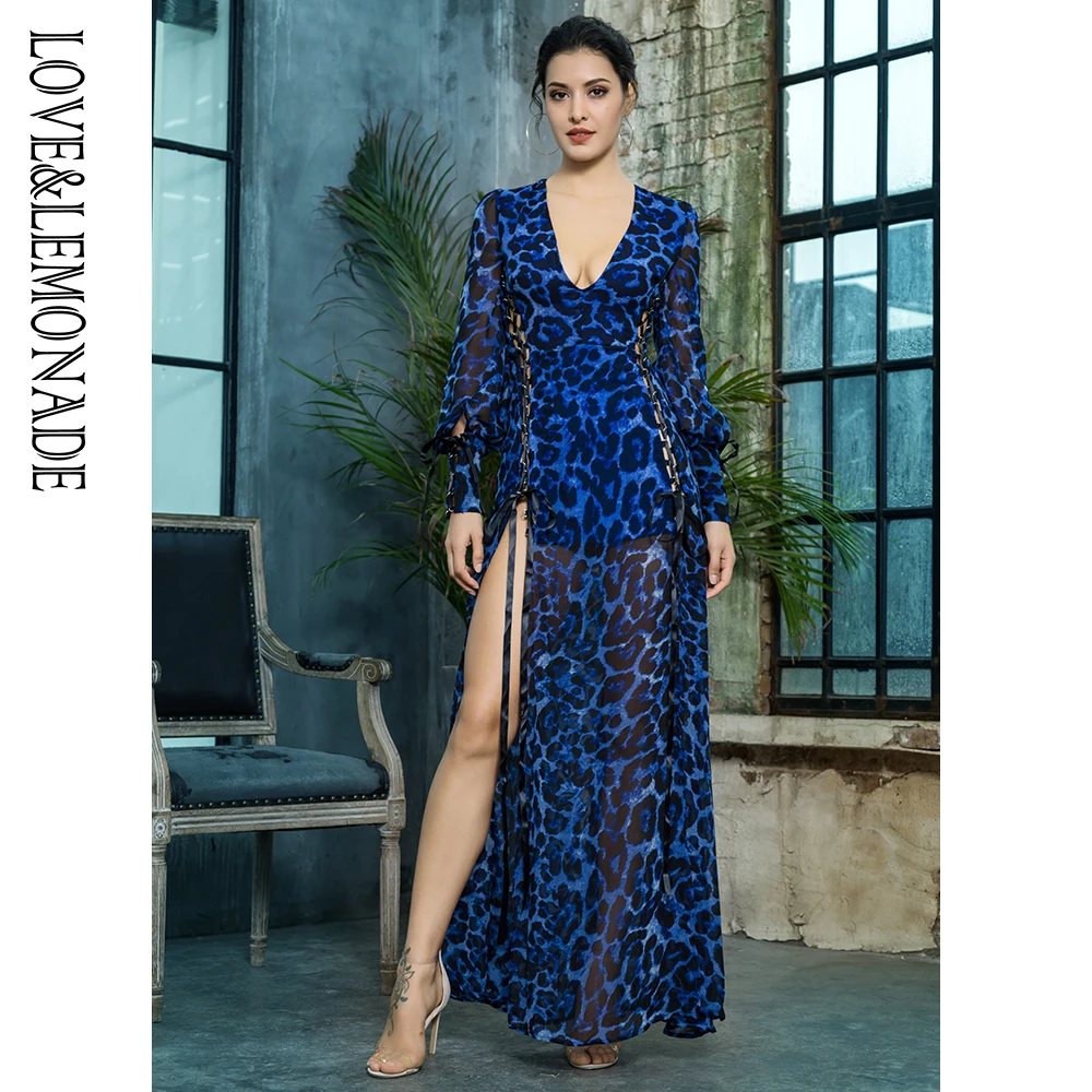 

Love&Lemonade Deep V-Neck Dress Up Blue Leopard Chiffon Long Dress LM81006BLUE