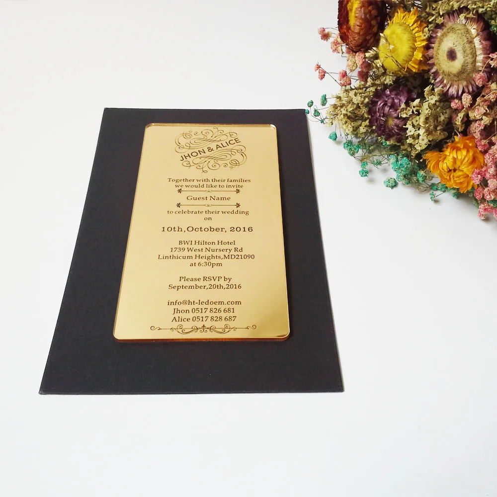 Přizpůsobené 100 * 180 mm laserem ryté dopisy zlaté zrcadlo akrylové svatební pozvánky (1lot = 100ks)