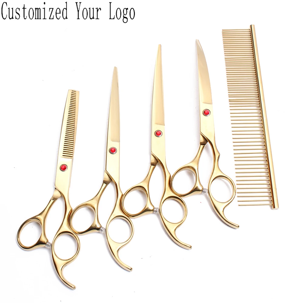 

7" Stainless Customize Logo Gold Color Animal Shears Cutting Scissors Thinning Shears Dog Curved Shears Pets Grooming Kit C3003