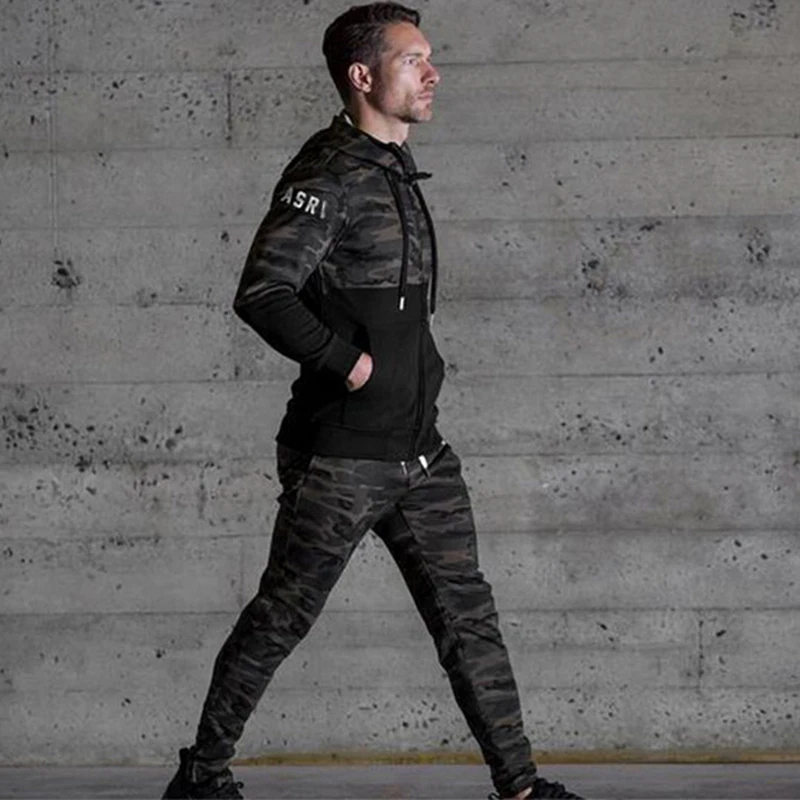 

Camouflage Sport Suit Running Gym Tracksuit Mens Sets Sports Top Joggers Fitness Bodybuilding Sports Suits Men Hoodie+Pants Suit