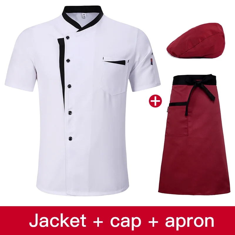 M-4XL Short Sleeve Chef Restaurant Hotel uniform kitchen Workwear Breathable catering work clothes Jacket+Hat+Apron wholesale - Цвет: jacket cap apron