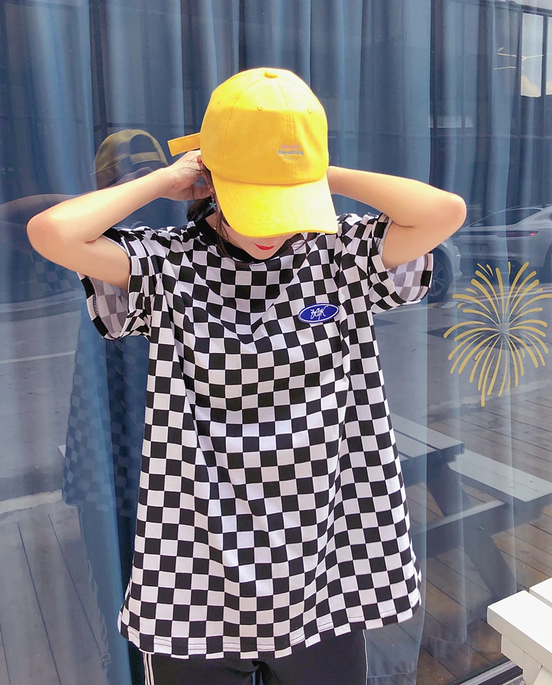 Новинка Ulzzang Harajuku Boyfriend свободная модная клетчатая футболка в клетку с вышивкой и короткими рукавами женская футболка в стиле хип-хоп