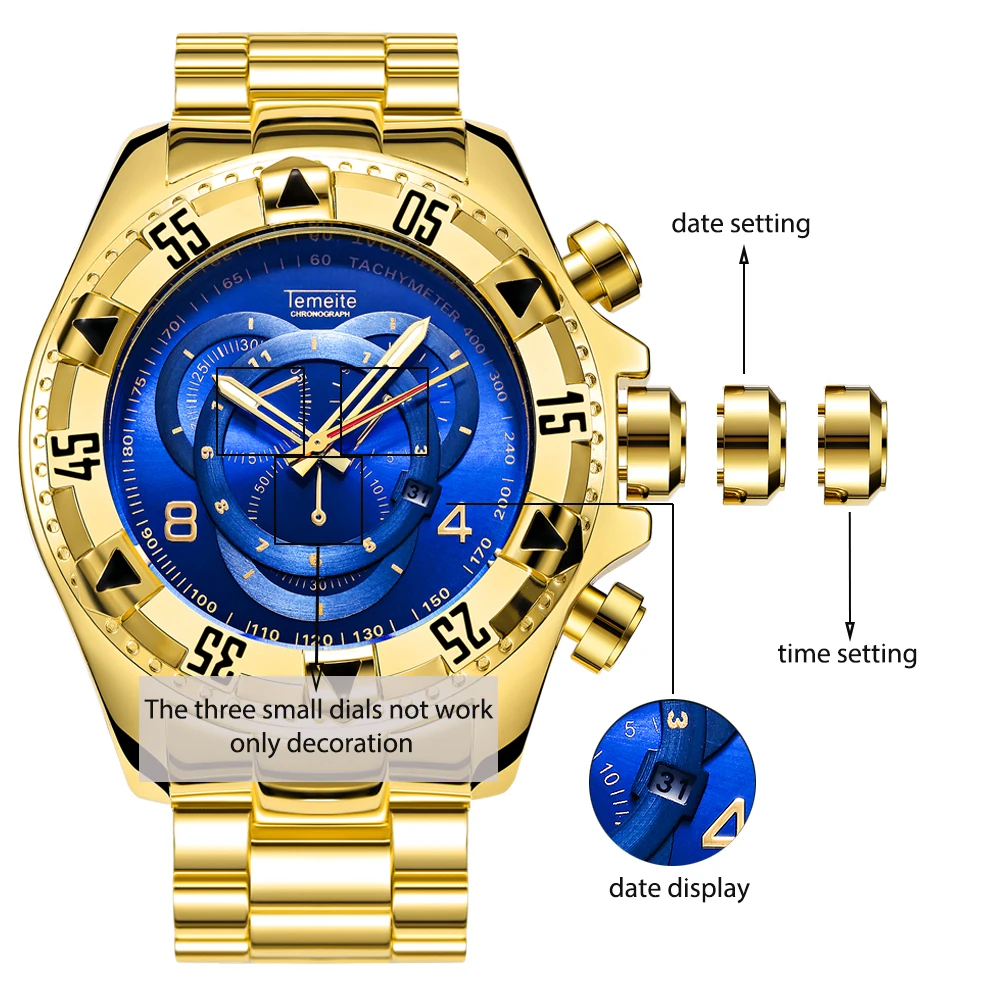 TEMEITE военные Модные кварцевые мужские часы с 3D синим циферблатом, ремешок из нержавеющей стали, лучший бренд, роскошные золотые наручные часы с большим циферблатом