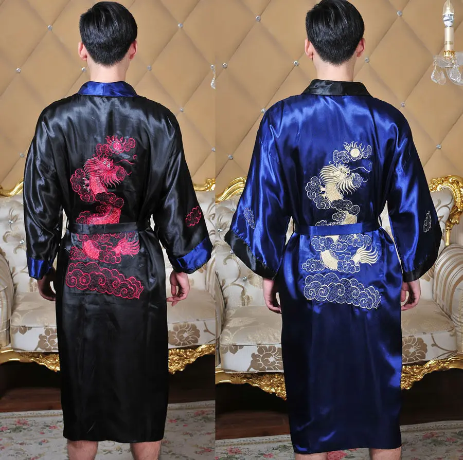 Double-Face Chinese Dragon Silk Men/'s Kimono Robe Gown Bathrobe Robes Dark blue