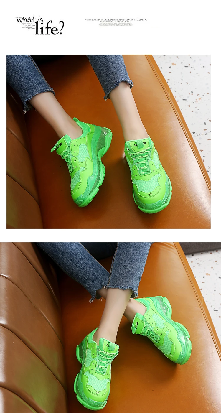 Классические массивные кроссовки; женские модные кроссовки; коллекция года; цвет зеленый, желтый, белый; прозрачные кроссовки на высокой платформе; повседневная обувь для женщин