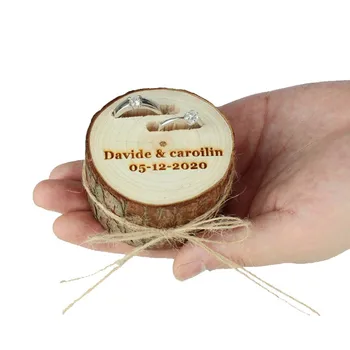 

Personalized wedding engraved name date ring holder custom logo wooden ring box Bearer holder rustic wedding decoration