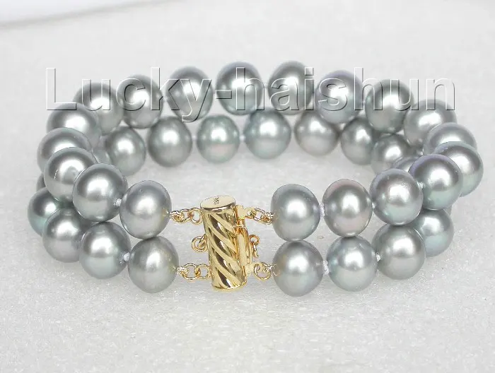 

Free Shipping >>>>>8" 12mm round Gray Freshwater pearls bracelet 14K/20 gold clasp j8540
