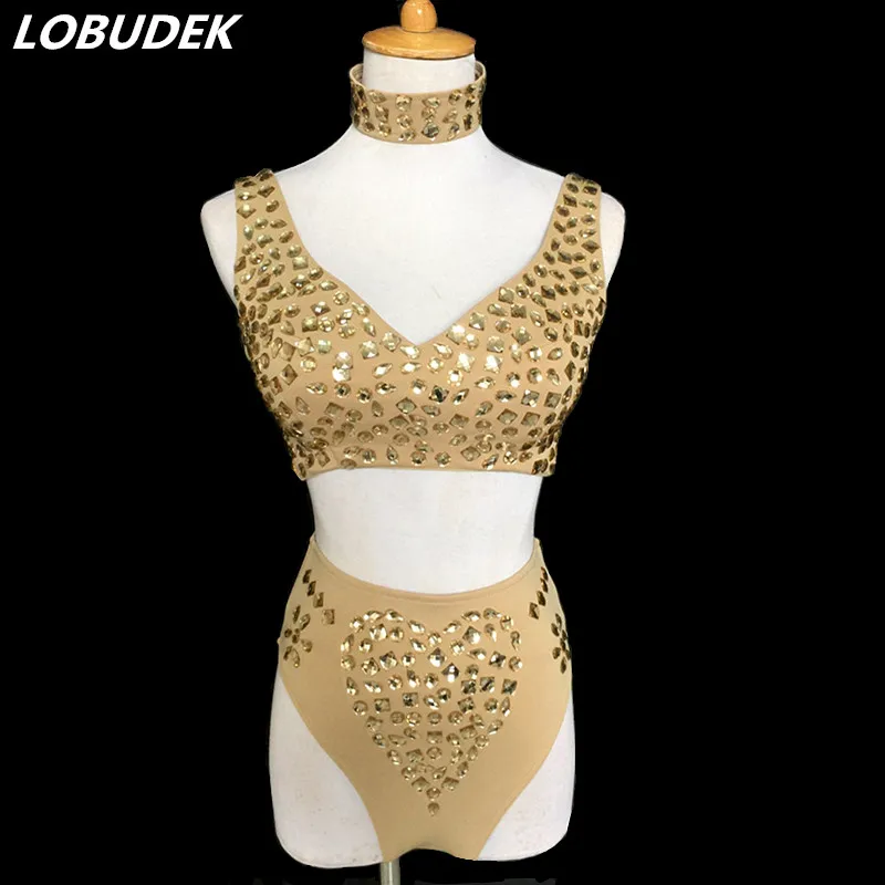 

Khaki Rhinestones Bikini 5 Pieces Set Sexy Nightclub DJ Singer Stage Dance Wear Jazz Dance Teams Costume Bar Party Dance Outfits