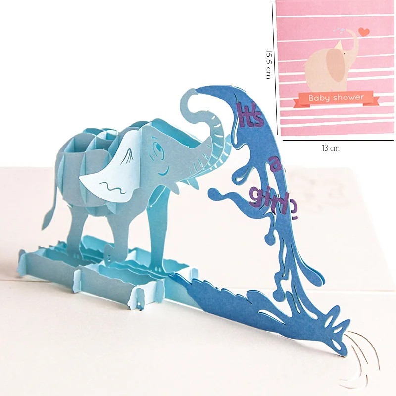 

3D Pop Up Baby Shower Christening Baptism Postcards Invitation Greeting Cards Handmade Printing Custom Elephant Design 6A0726