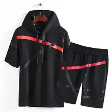 Модный красивый мужской повседневный полосатый костюм с капюшоном футболка с коротким рукавом шорты Свободный дышащий хлопок полиэстер