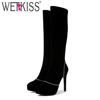 

WETKISS Knee High Women Boots Zip Round Toe Rivet Footwear Platform Fur Female Boot Party High Heels Shoes Women 2018 New Black