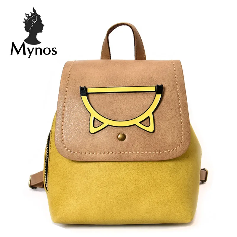 

MYNOS Fashion Patchwork Women Backpack Cat Designer School Backpack For Teenager Girl Leather Candy Color Women Backbag Mochila