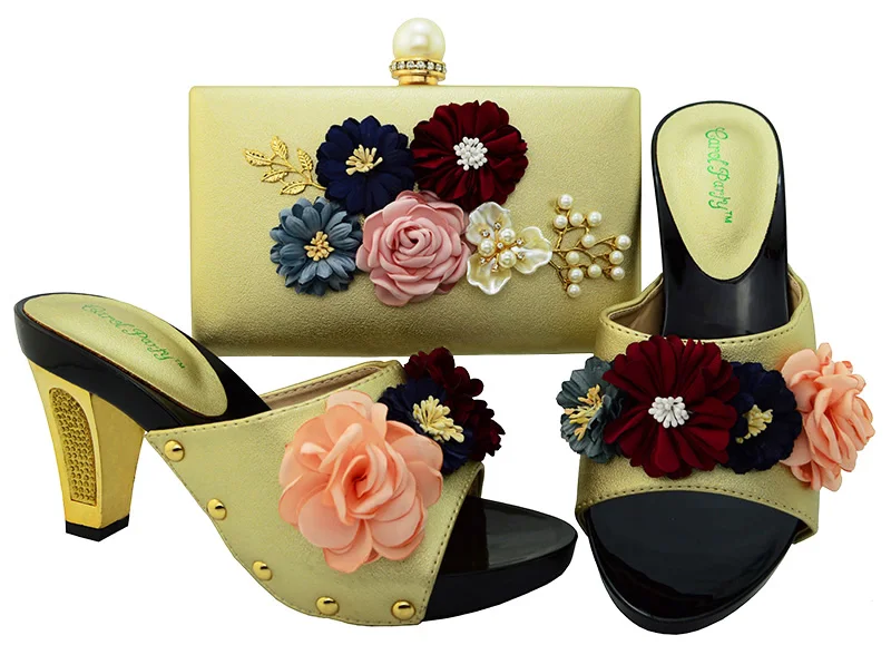 

Gold Midum height heel 3.0 inches slippers shoes with matching clutches bag flower on shoes and bag matching set 2018 SB8089-3
