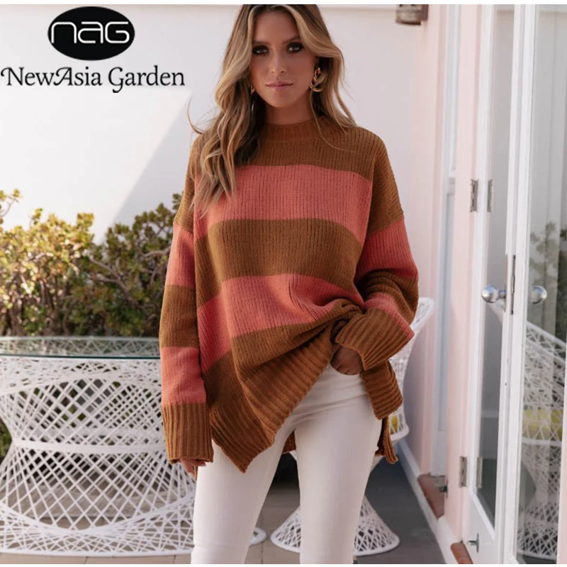 

NewAsia 2019 Winter Clothing For Women Loose Black White Striped Sweater Oversized Knitt Long Pullover Camel Side Split Knitwear